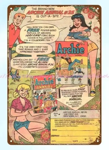 Роскошный дизайн 1973 года комикс ad Archie ежегодный металлический жестяной знак