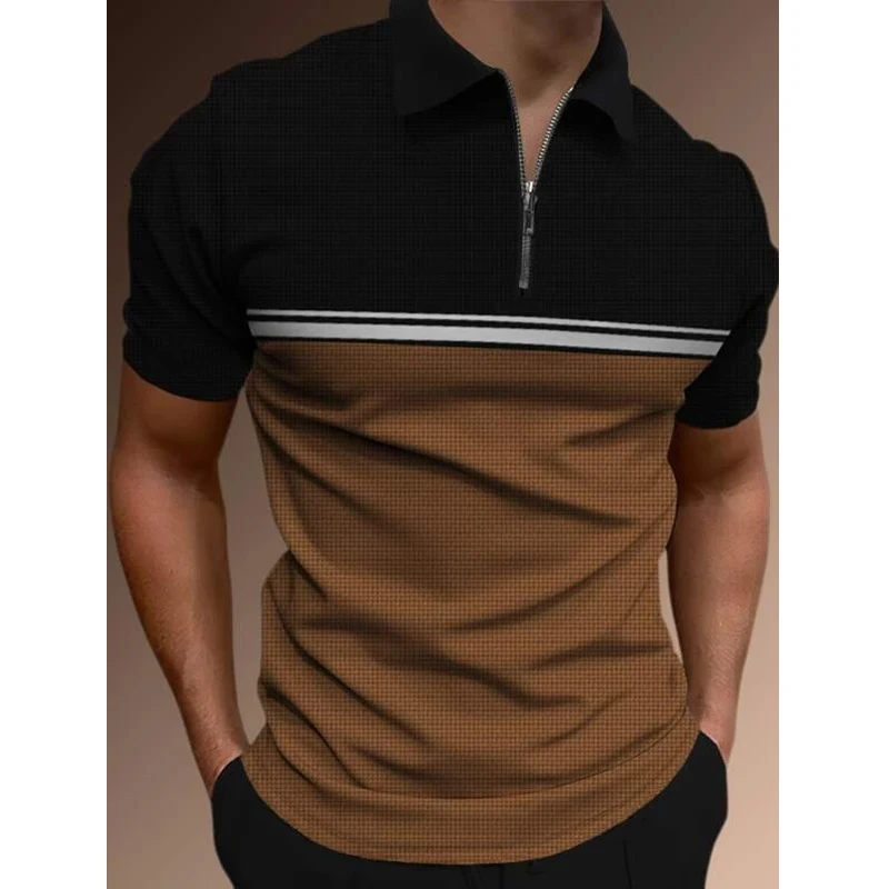 

Spring Summer Men Short Sleeve Zipper Polo Shirt , Fashion Spell Color Oversize Casual Lapel Polo Shirt .