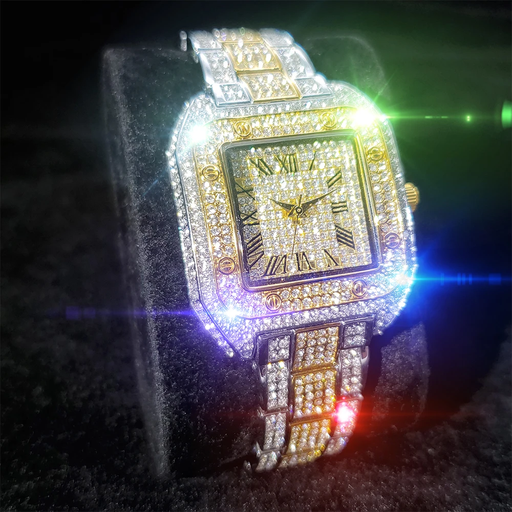 

MISSFOX Square Diamond Unisex Watch Roman Dial Gold And Silver Luxurious Man's Wristwatch Fashion Hiphop Quartz Watches Women