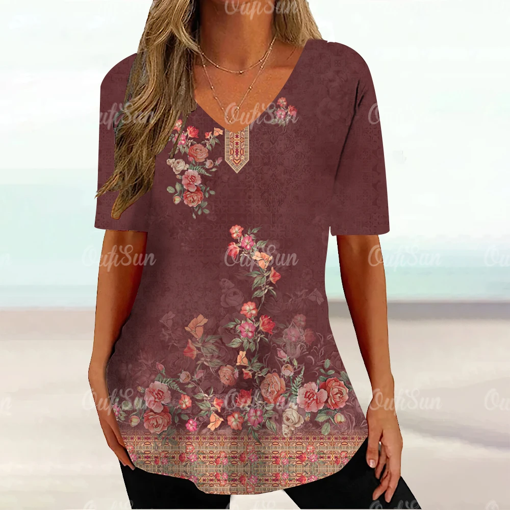 

Summer Women's V-Neck T-Shirt 3D Beautiful Flower Pattern Blouse Ladies Short Sleeve Oversized Tees Female Fashion T-Shirt