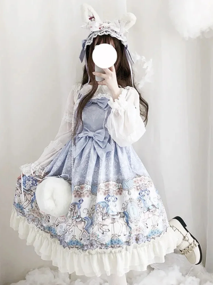 

CON Ladies Print Lolita Sling Bow Mid Length Dress Cute Sweet Little Fresh Princess Dress
