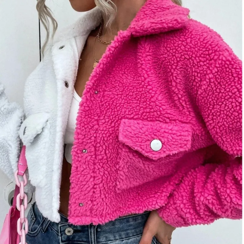

New Winter Women's Fashion Color Contrast Splicing Two-color Fleece Jacket Short Coat Lamb Wool Women Jacket