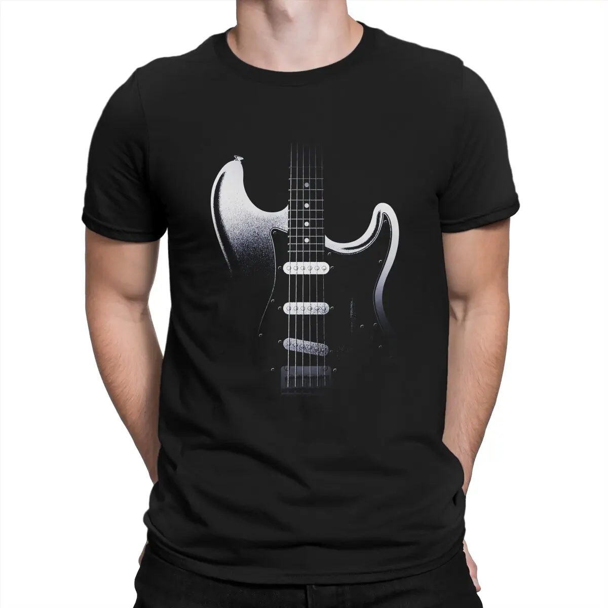 

Guitar In Darkness Classic T-Shirts for Men Bass Guitar Rock Music Casual Pure Cotton Tees Crewneck T Shirt Graphic Clothing