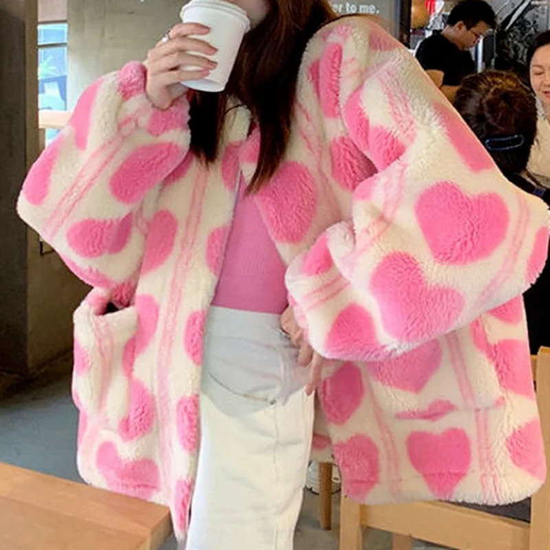 Pink Heart Teddy Faux Fur Jackets Women Outerwear Female Overcoat Winter Coats Japanese Korean Fashion Kawaii Lambswool Coats