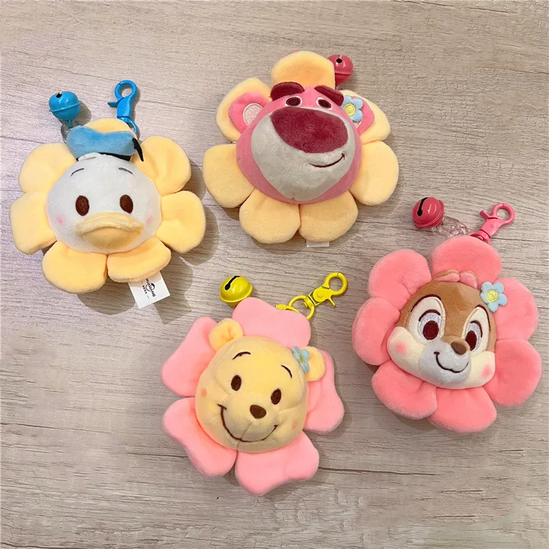 Kawaii Pooh Bear Anime Goods Spring Flower Collection Lotso Donald Duck Plush Head Charm Bag Charm Gift for Girlfriend