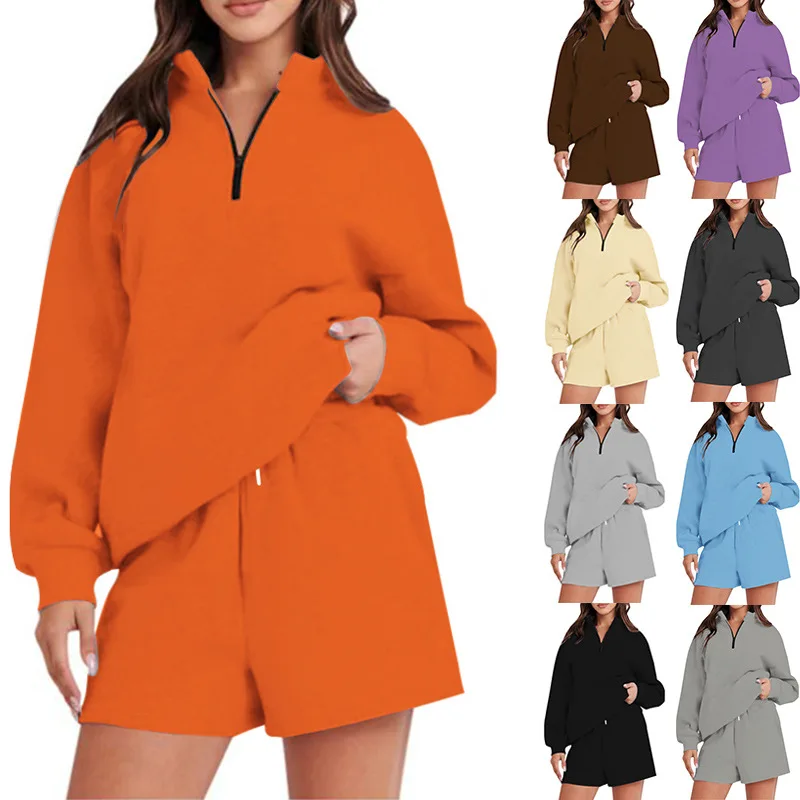 

2023 New Women's Solid Color Pocketless Sweater Shorts Set