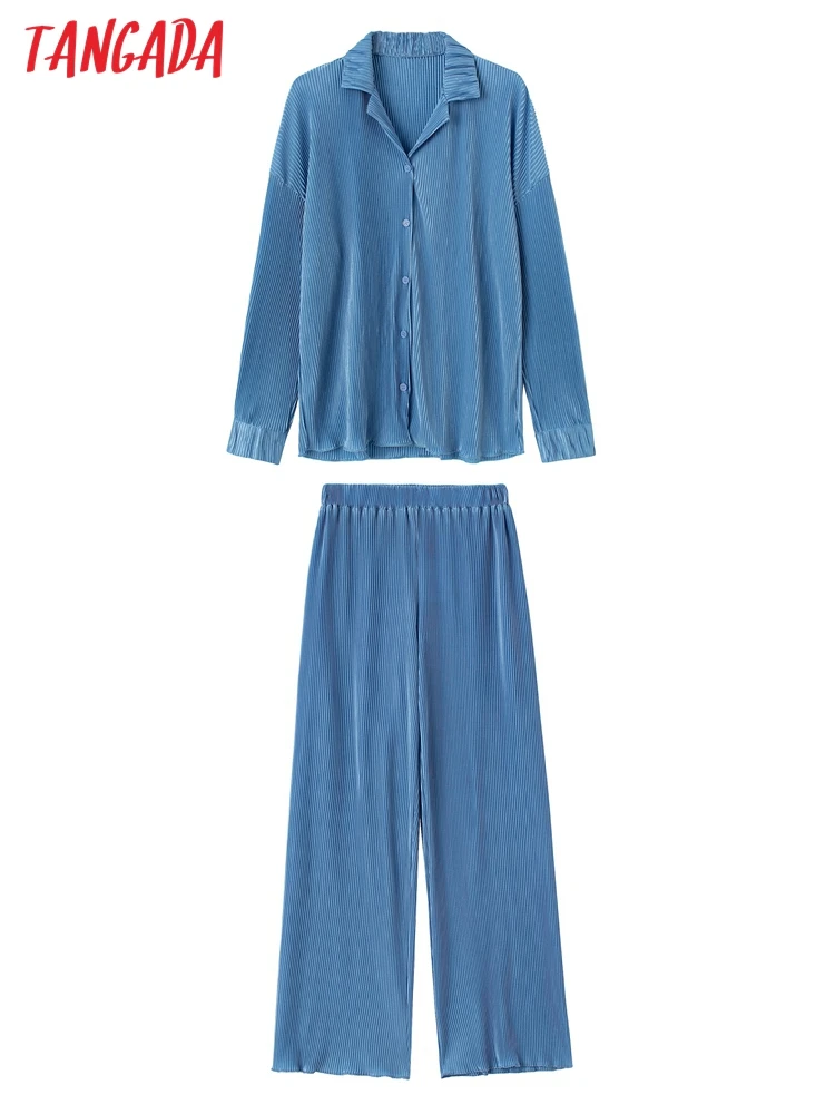 

Костюм спортивный женский голубой плиссированный из блузки и брюк с принтом