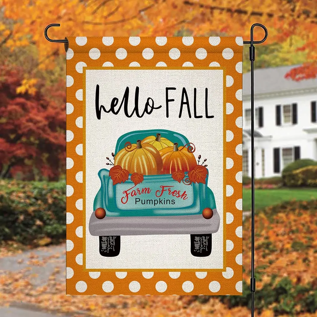 Флаг садовый Hello Fall Оранжевые тыквы в горошек для грузовика маленькие сезонные