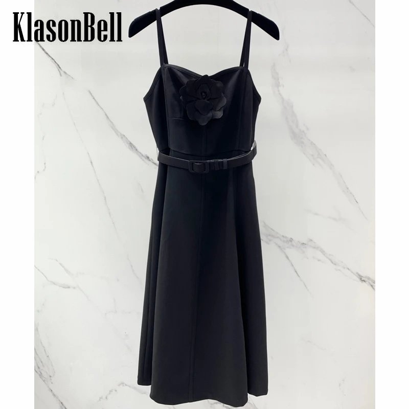 

7.17 KlasonBell Fashion Rose Flower Decoration Suspender Slim Collect Waist Midi Dress Women With Belt