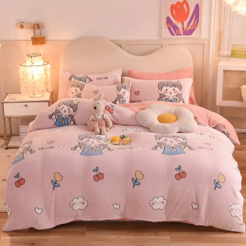 

Winter Bedding Set Thicken Flannel Duvet Cover Cartoon Pink Girls Pattern Soft Warm Coral Fleece Blanket Velvet Quilt Cover