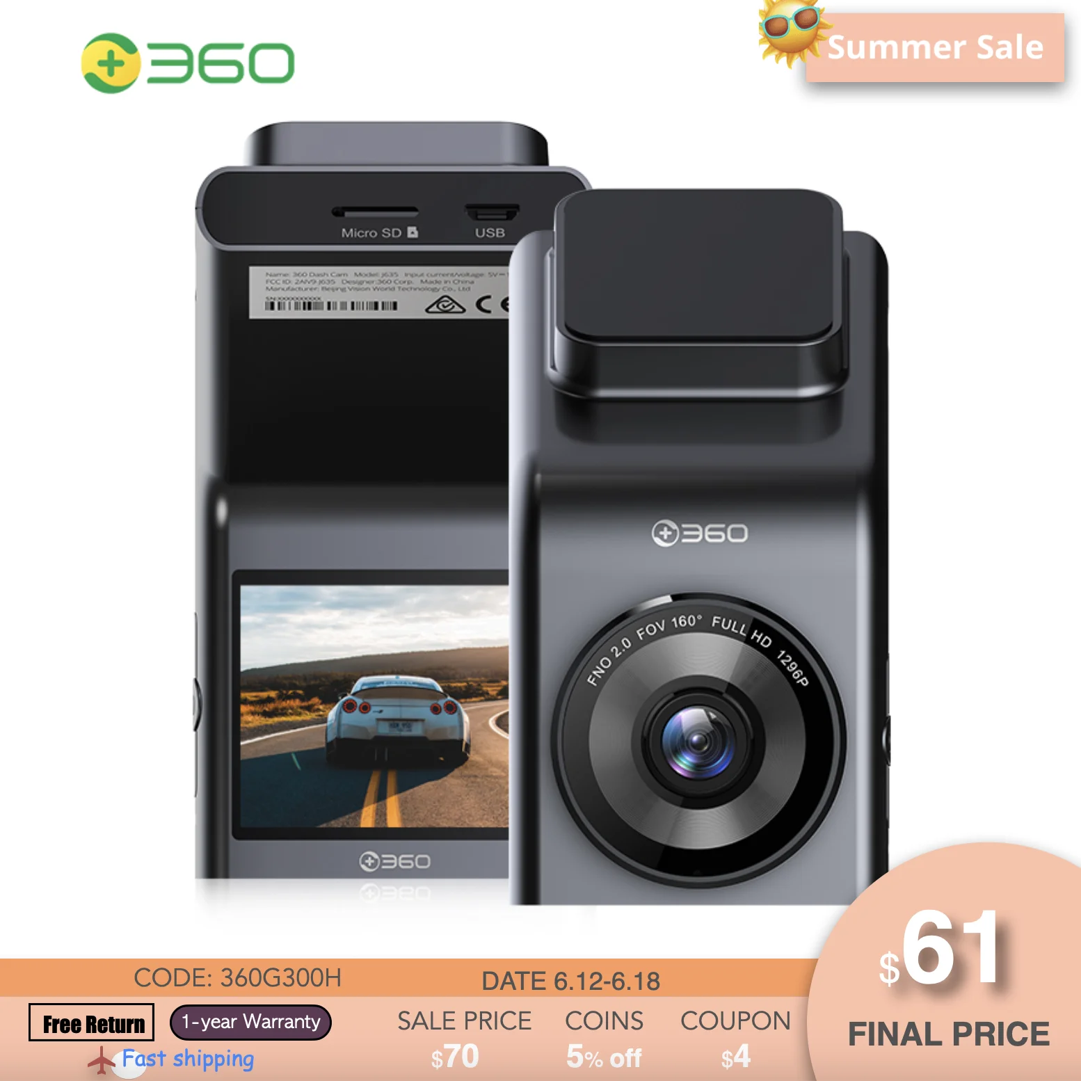 

360 G300H Dash Cam Car Camera Loop Recorder 1296P GPS WiFi Connect Phone Night Vision Google Map G-Sensor Parking Monitoring