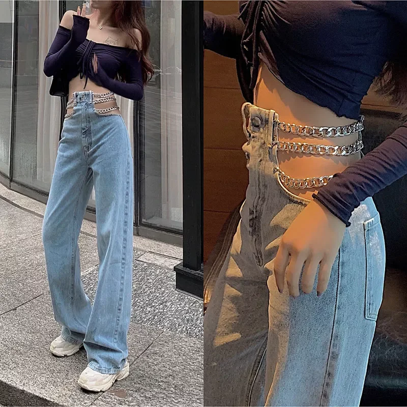 

streetwear Side Cross Chain Hollow Out Wide-leg Women's Jeans High Waist Pants Sexy Elegant Ladies Europe Fashion Jeans KZ35