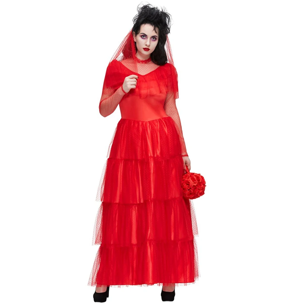 

Movie Beetle Cos Juice Lydia Cosplay Costume Red Wedding Dress Outfits Halloween Carnival Suit