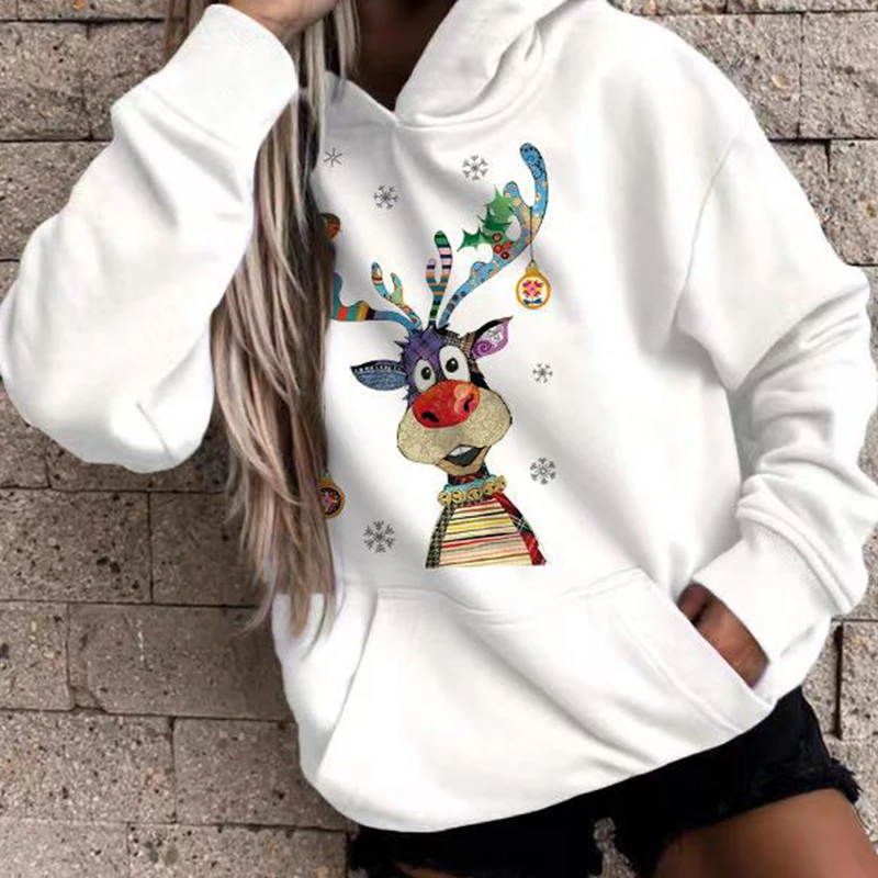 

Women Elk Print Pocket Loose Hoodie Top Casual Colorblock Office Hooded Pullover Autumn Winter Christmas Long Sleeve Sweatshirt