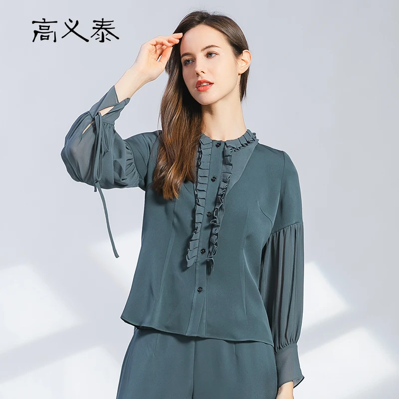 

High End 100% Heavy Thick Silk Wood Ear Round Neck Stitching Georgette Silk Nine-point Sleeve Single-breasted Shirt Winter BY128