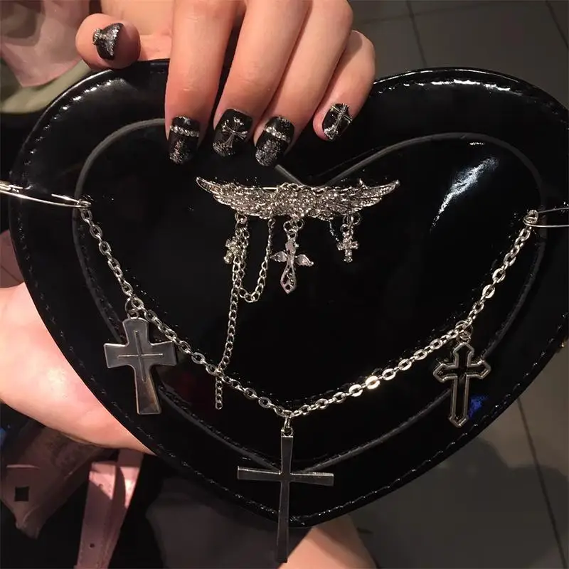 

Xiuya Gothic Y2k Heart Shoulder Bag Crosses Diamond Wings Chain Punk Handbag Black American Street Style Fashion Underarm Bag
