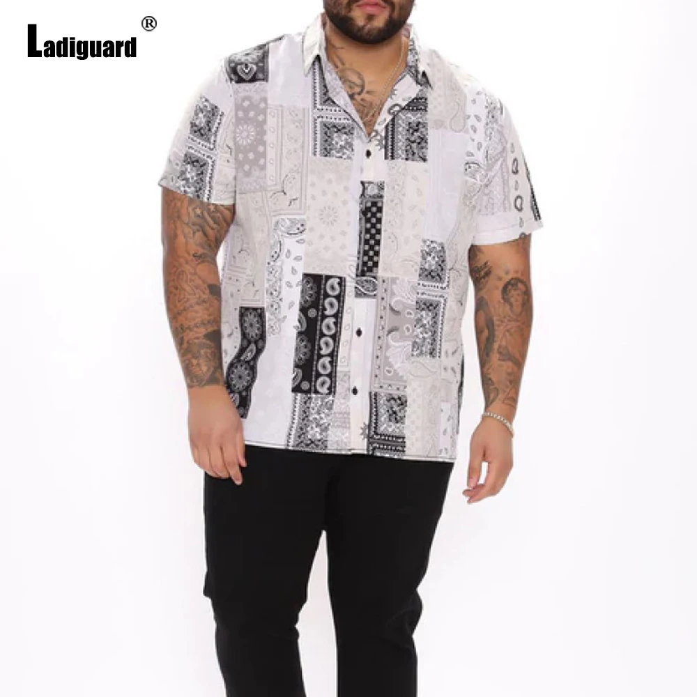 Ladiguard Mens Retro T-shirt Short Sleeve Vintage 3D Print Tops 2022 Summer Buttons Fly Shirt Sexy Mens clothing Plus Size S-5XL