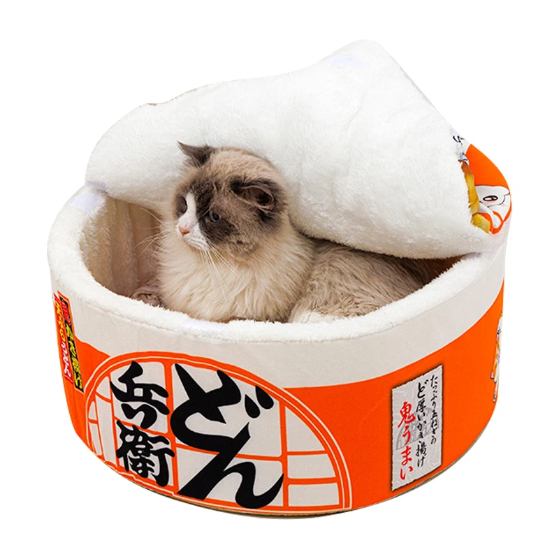 Buy Engraçado macarrão pequeno cão cama casa ramen gato caverna interior de pelúcia canil tapete cobre almofada cama destacável para cães médios lavável