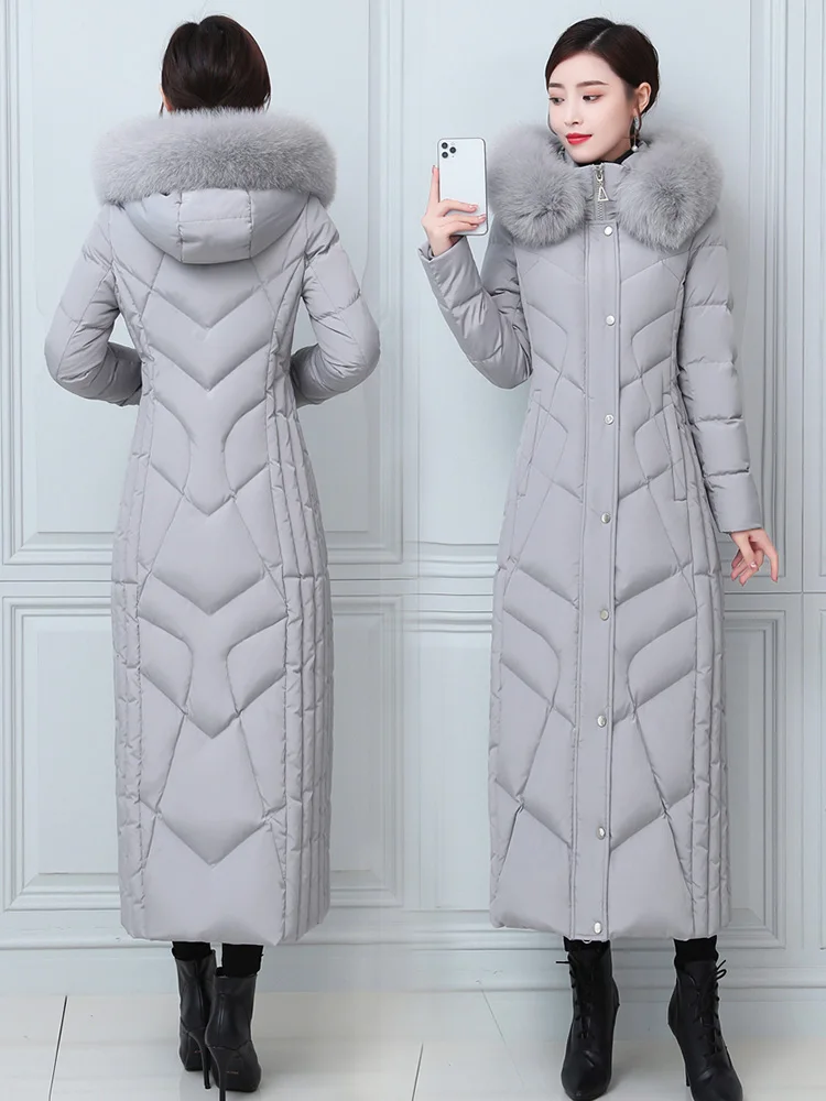 New Women Lengthened Down Coat Winter Fashion Detachable Real Fox Fur Collar Thicken Warm Long Slim Down Jacket Female Overcoat