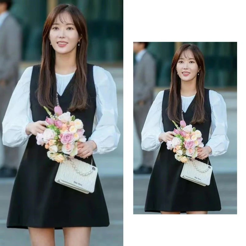 

2 Pieces Set Women 2022 Korean Drama Black Dress+ Shirts Women White Blouse Two Pieces Sets Summer Clothes for Women Outwear