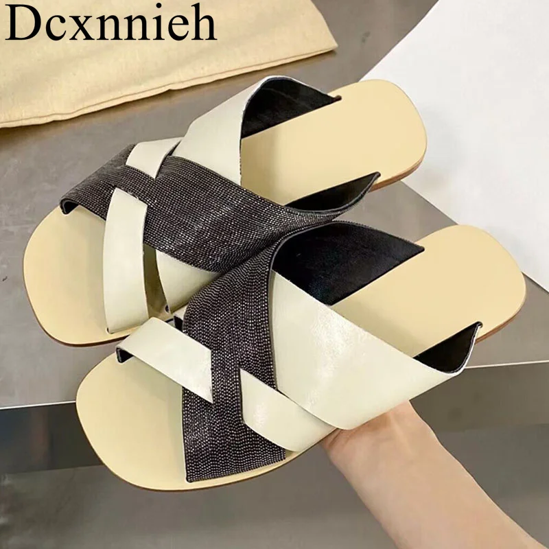 

Шлепанцы женские с кристаллами, Нескользящие, плоская подошва, декоративные, летняя Уличная обувь для отдыха и пляжа