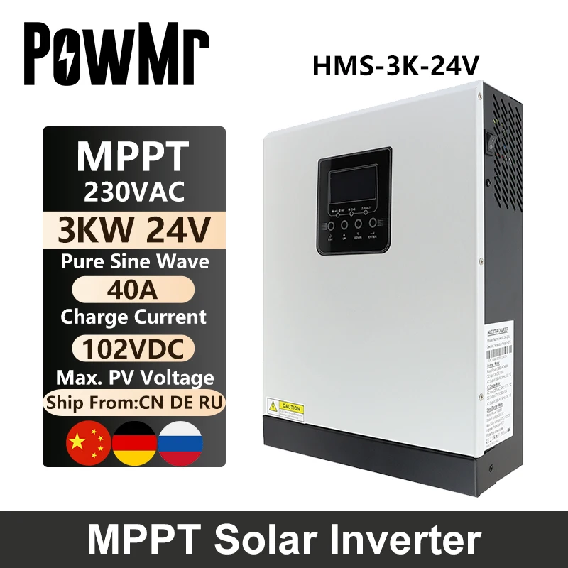 

PowMr 3KVA 2.4KW Off Grid Hybrid Solar Inverter 24V DC 220V AC Output Pure Sine Wave With 40A MPPT Solar Charge Controller