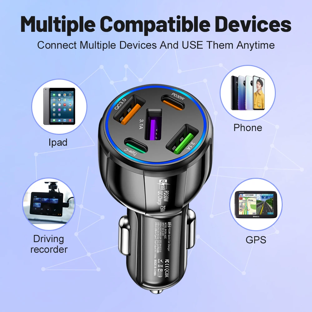 75W USB Car Chargers 5USB Fast Charging QC3.0 Adapter For Xiaomi iPhone 14 13 Pro Max Samsung S23 Ultra Mobile Phone Car Charger images - 6