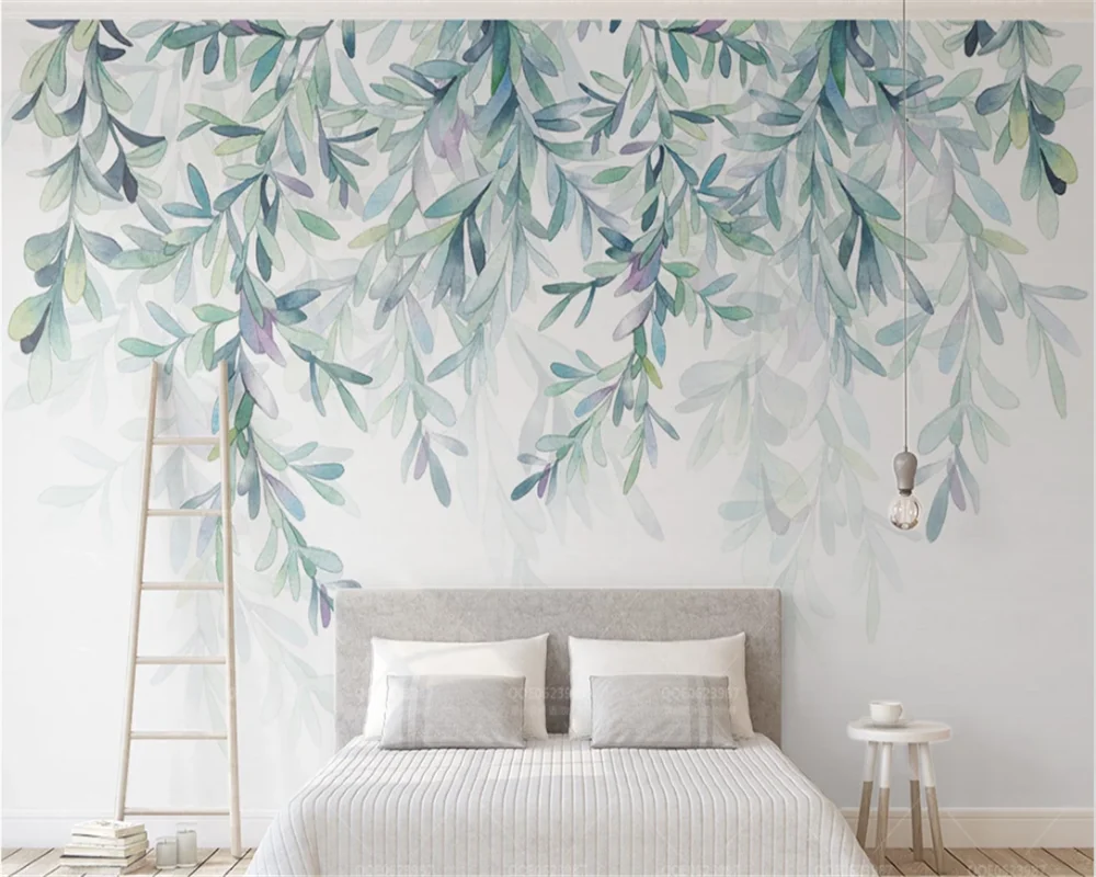 Custom wallpaper 3d mural small fresh hand painted watercolor green leaves Nordic minimalist TV background wall фотообои - купить по