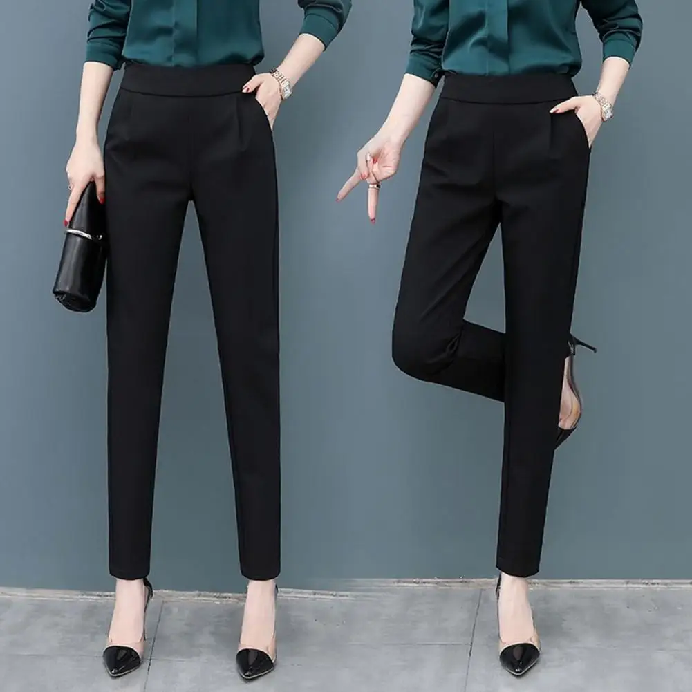 

Women Workwear Solid Color Suit Pants High Waist Elastic Waistband Slant Pockets Slim Fit Casual Long Trousers