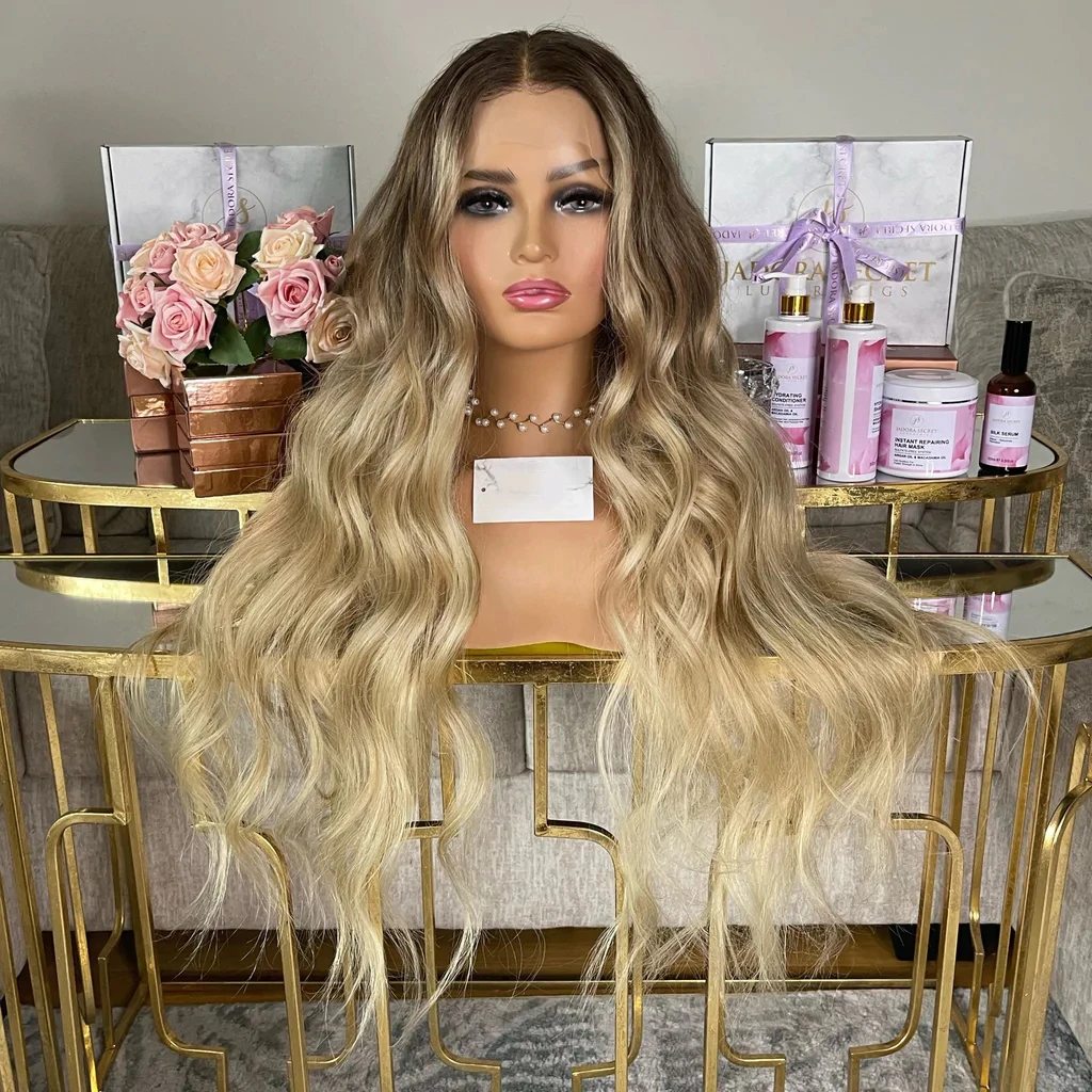 

Ashy Blonde Ombre Full Lace Human Hair Wigs Medium Brown Roots 28"Loose Wave Wig Preplucked HD 13x6 Lace Frontal Wig 200%Density