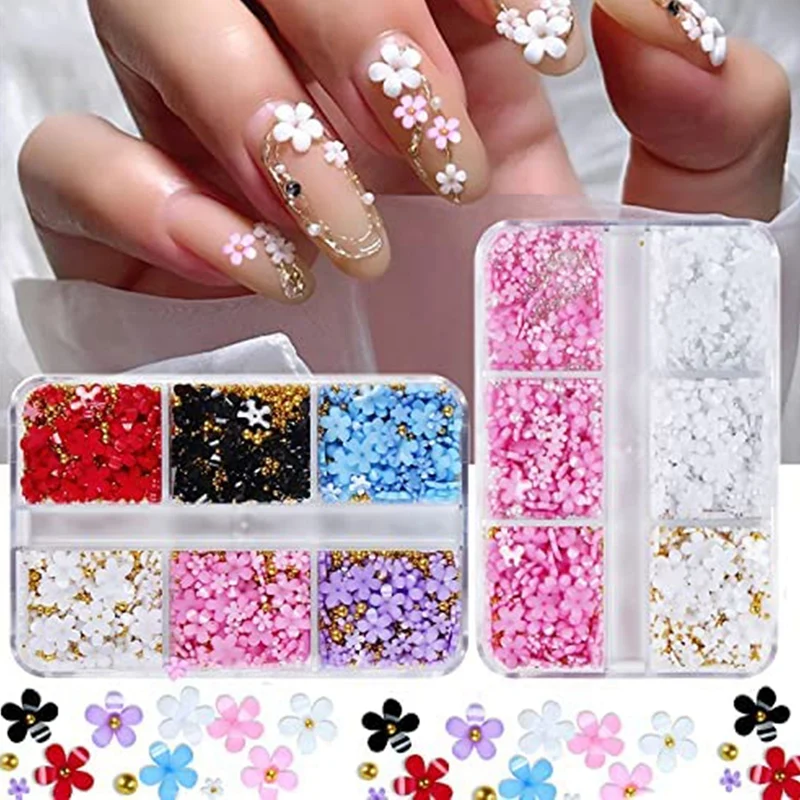 

2 Boxes 3D Flower Nail Charms Rhinestones Metal Caviar Beads For Acrylic Nail Decorations Acrylic Resin Flowers 2 Boxes