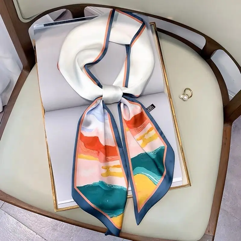 

South Korea new oil painting small silk scarf female fashion foreign gas print scarf ribbon hair belt silk scarf 150cm*15cm