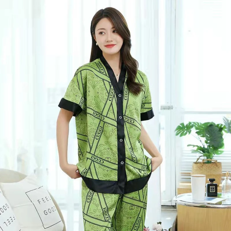 New Summer Pajamas for Women's Japanese and Korean Style Thin Short-sleeved Cardigan Trousers Suit Comfortable Home Service Suit