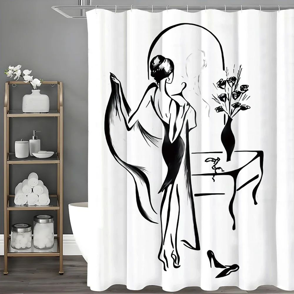 

Черно-белая водонепроницаемая душевая занавеска из полиэстера