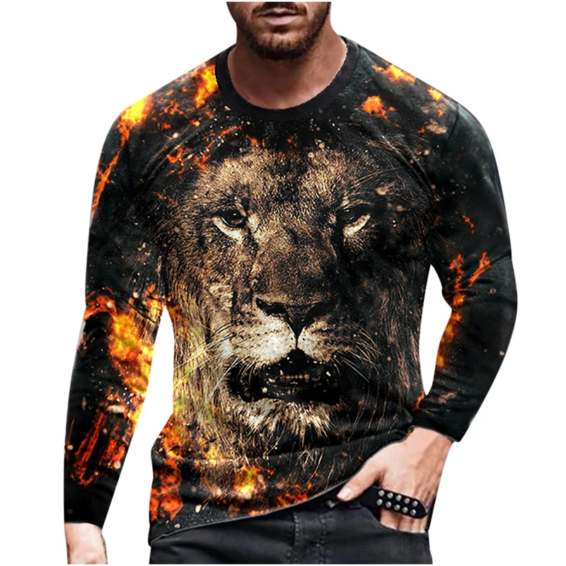 

Mens Long Sleeve Tiger Graphic T-Shirt Animal Big Face Pattern Casual Tops Vintage 3D Printed Lion Shirts Hip Hop Streetwear