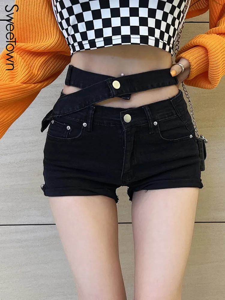 

Sweetown Hollow Out High Waist Goth Denim Booty Shorts Black Techwear Korean Fashion Short Femme Streetwear Punk Style Bottoms