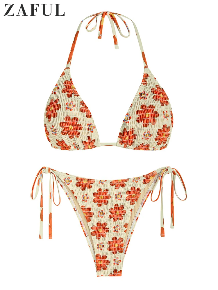 

ZAFUL Women's Triangle Swimsuit Bikini Floral Flower Printed Halter Bikini Set Backless Tie Side Swimwear Bathing Suits Cute