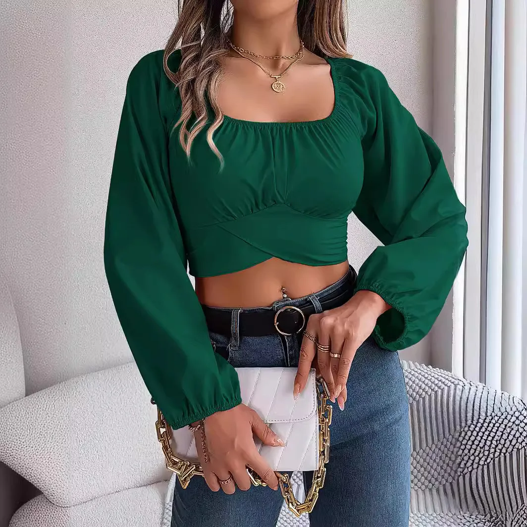 Casual Tie Waist Chiffon Shirt With Exposed Navel Top French Style Preppy Girl Puff Sleeve Shirts Summer Design Sense Sweet