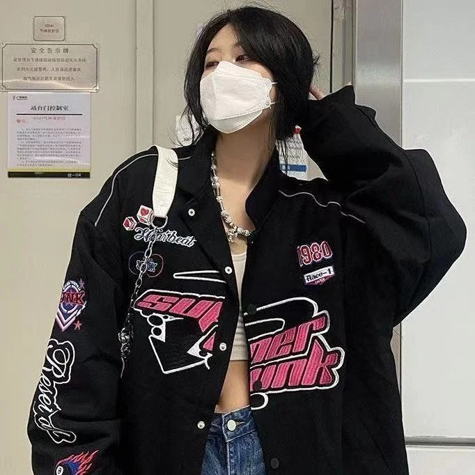 

Varsity jacket Women Vintage Colorblock Women Bomber Jacket Printed Casual Zipper Long Sleeve Racing Jacket Coat Winter Clothes