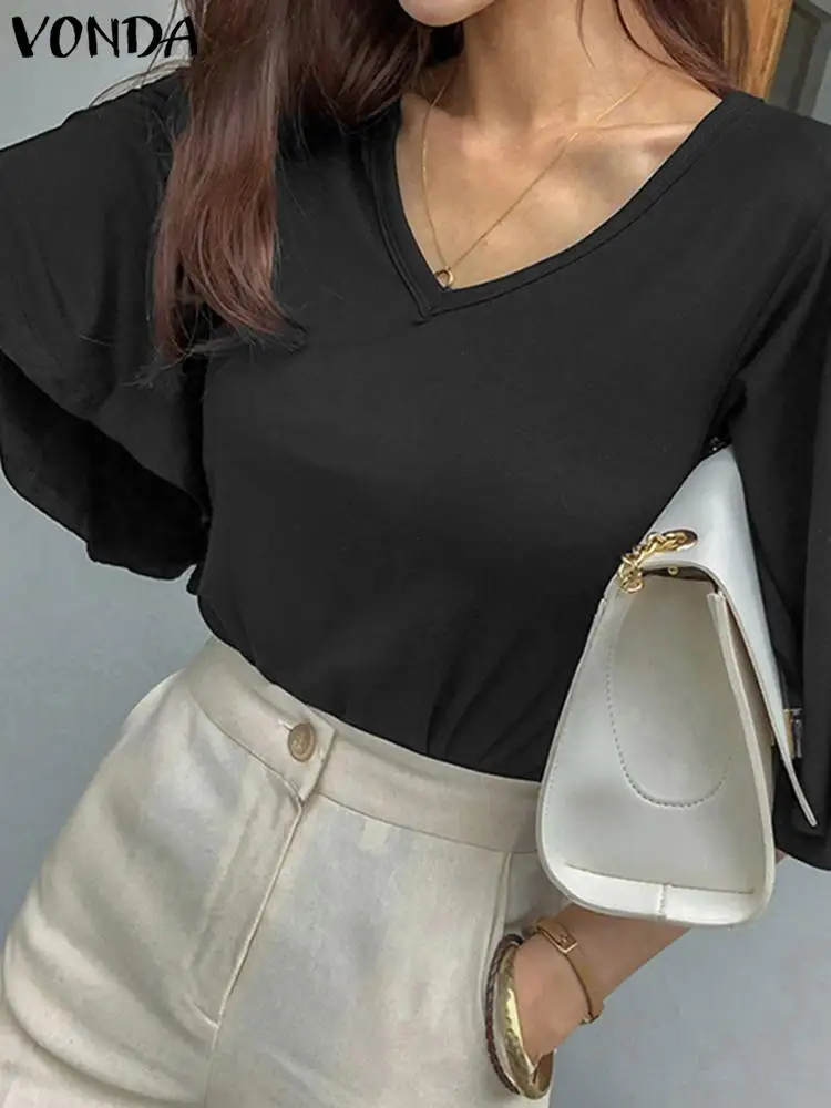 

Women Sexy V Neck Flare Sleeve Tops VONDA Elegant Blouse 2023 Tunic Casual Loose Solid Color Stylish Shirts Blusas Femininas