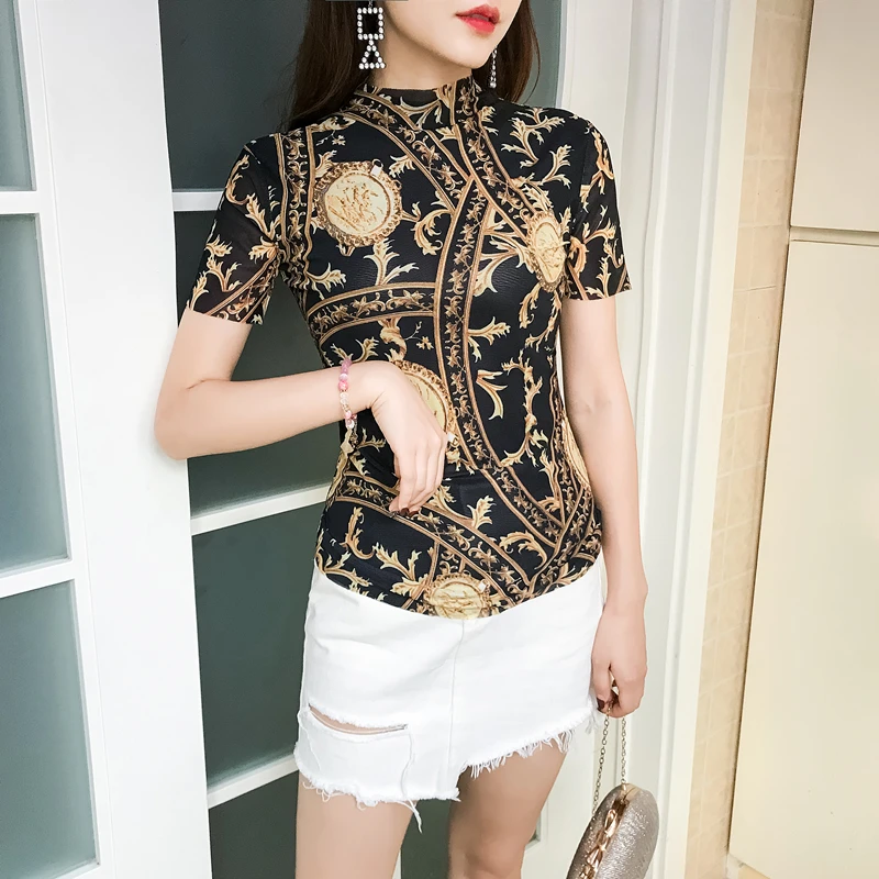 

Summer Women Semi-high Collar Bottoming Shirt Printed Mesh Top Tight Slim Short Sleeve T-shirt Dance Top