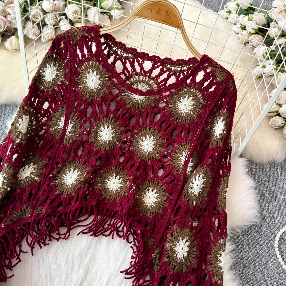 Винтажный элегантный вязаный Топ с круглым вырезом цветочным узором и вырезами