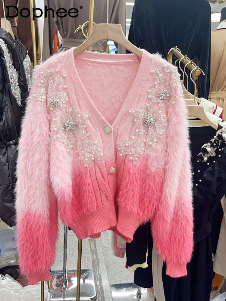 

Korean Style Heavy Industry Rhinestone Beaded Gradient Color Sweater Coat Women 2023 Fall Winter Temperament Sweater Cardigan
