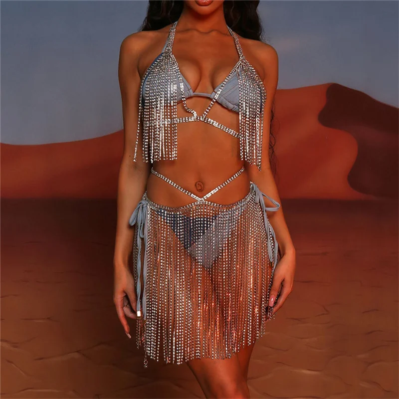 

Роскошный модный Семейный комплект, женский ночной клуб, Пляжное сексуальное бикини на бретельках, бюстгальтер с цепочкой и длинная юбка с ...