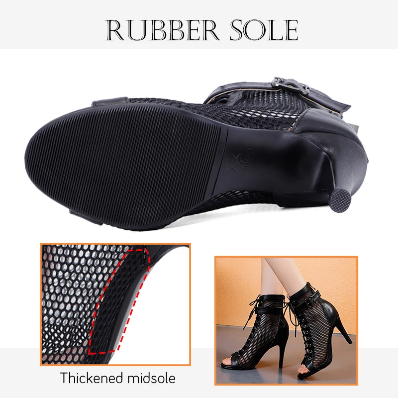 HROYL Woman Sexy Stilettos Latin Dance Shoes Tango Mesh Boots Ladies Party Dance Booties Women's Dancing Shoes Salsa Ballroom