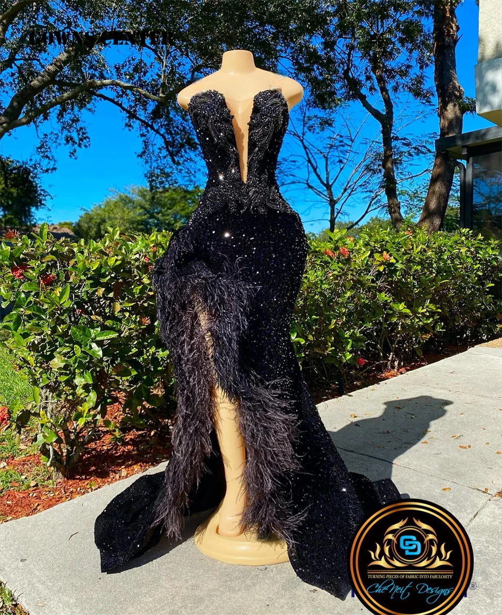 

Luxury Black Feathers Sequin Silt Mermaid Long Prom Dresses Halloween Elegant Dress For Wedding Party Beaded Evening Gowns