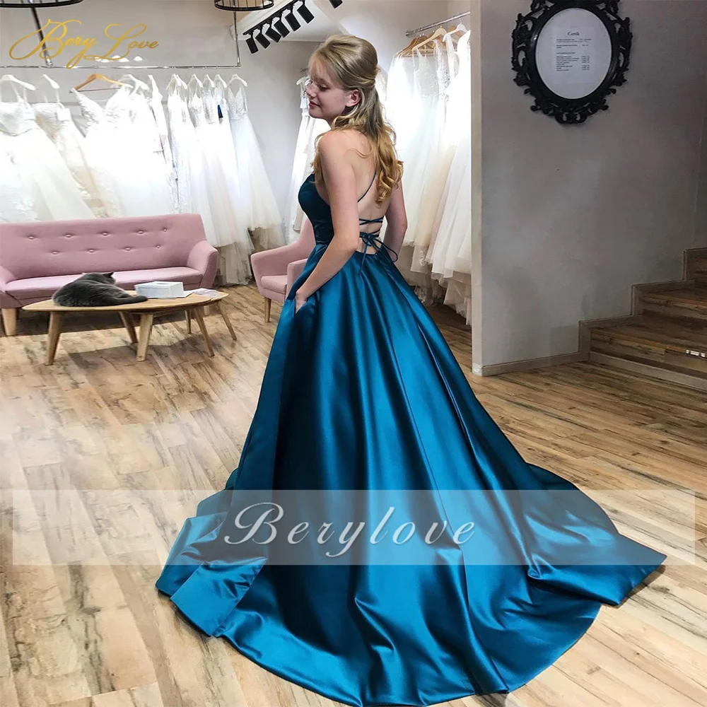 Сексуальные синие атласные вечерние платья а-силуэта с открытой спиной женское