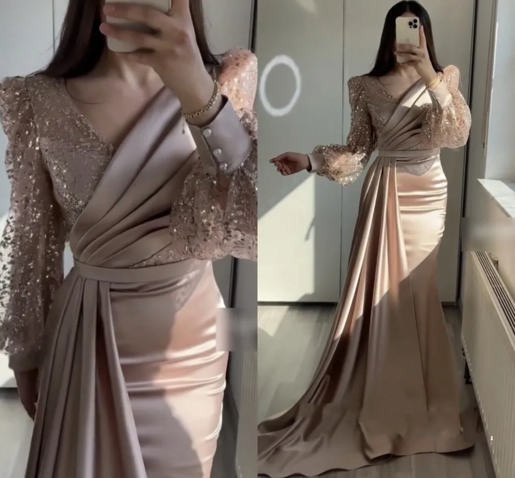 

Champagne Glitter Women Evening Dresses V-Neck Long Puffy Sleeves Satin Prom Celebrity Gowns Vestidos Feast Robe De Soiree