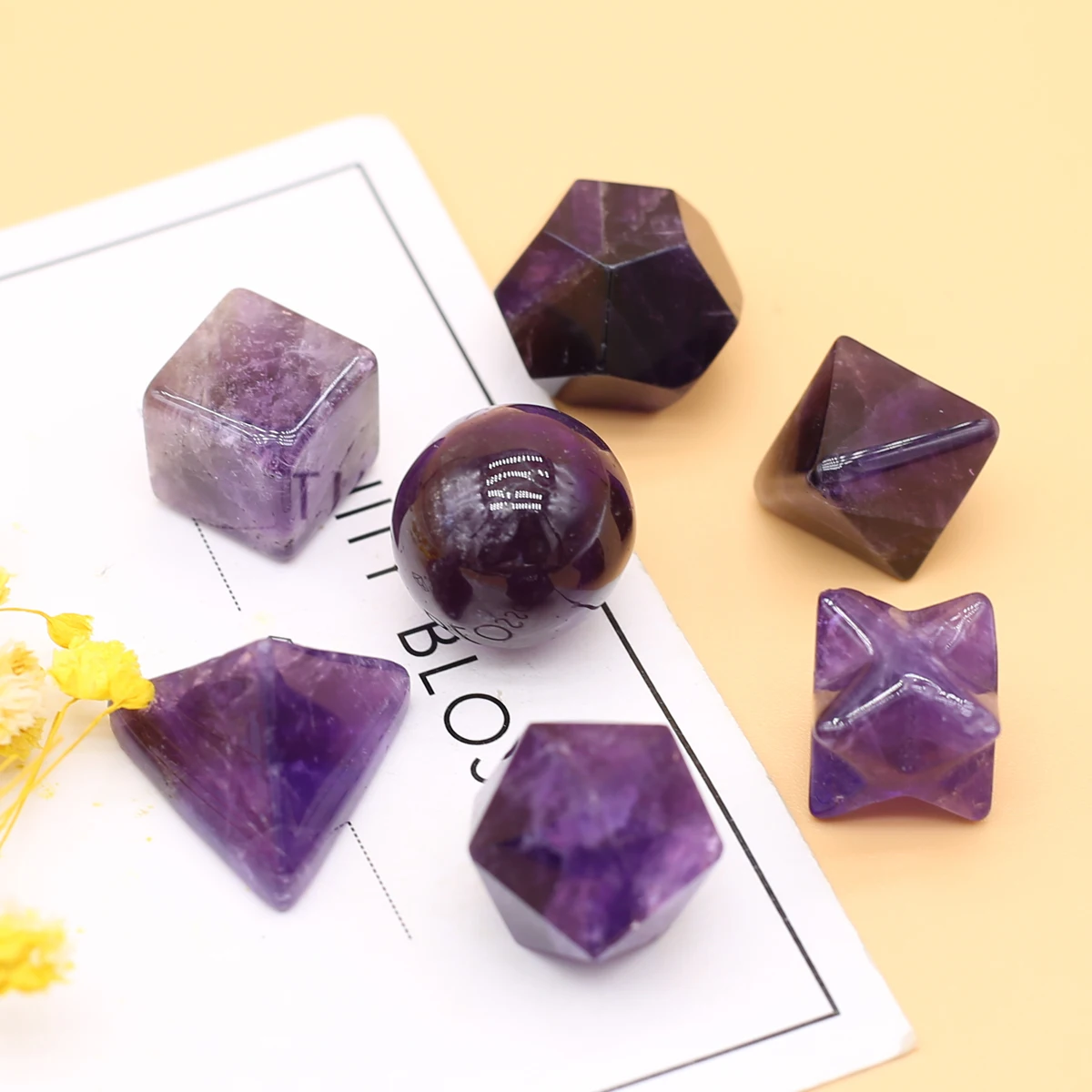 

7pcs/set Natural Amethyst Stone Carved Ornament Ball Pyramid Star Shape Reiki Healing Crystals Stone DIY Jewelry Home Decoration