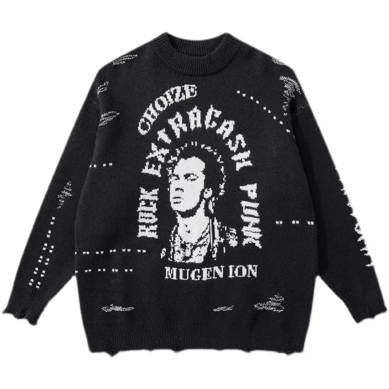 

Hip Hop Knitwear Mens Women's Sweaters 2022 Harajuku Fashion Portrait Letter Print Sweater Streetwear Hole Pullovers pull homme